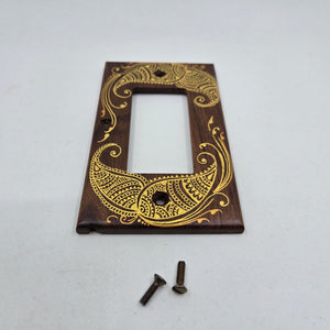 Hand Painted Walnut wood Switch / Cover / Wall plate for Paddle switch or decora outlet -Midsized. Gold henna inspired designs on solid wood