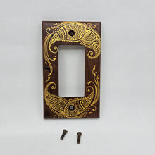 Load image into Gallery viewer, Hand Painted Walnut wood Switch / Cover / Wall plate for Paddle switch or decora outlet -Midsized. Gold henna inspired designs on solid wood
