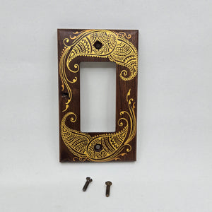 Hand Painted Walnut wood Switch / Cover / Wall plate for Paddle switch or decora outlet -Midsized. Gold henna inspired designs on solid wood