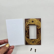 Load image into Gallery viewer, Hand Painted Walnut wood Switch / Cover / Wall plate for Paddle switch or decora outlet -Midsized. Gold henna inspired designs on solid wood
