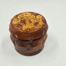 Load image into Gallery viewer, Small 4 part Herb Grinder with Kief catcher. Hand painted gold mushrooms on imitation wood. Sharp teeth, magnetic closure with smooth grinding
