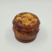 Load image into Gallery viewer, Medium size 4 part Herb Grinder with Kief catcher. Hand painted mushrooms on imitation wood. Sharp teeth, magnetic closure with smooth grinding
