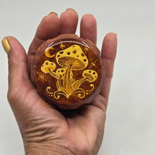 Load image into Gallery viewer, Medium size 4 part Herb Grinder with Kief catcher. Hand painted mushrooms on imitation wood. Sharp teeth, magnetic closure with smooth grinding
