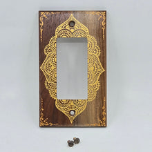 Load image into Gallery viewer, Hand Painted Walnut wood Switch / Cover / Wall plate for Paddle switch or decora outlet -Midsized. Gold henna inspired designs on solid wood

