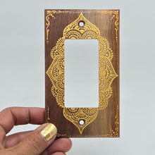 Load image into Gallery viewer, Hand Painted Walnut wood Switch / Cover / Wall plate for Paddle switch or decora outlet -Midsized. Gold henna inspired designs on solid wood
