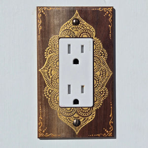 Hand Painted Walnut wood Switch / Cover / Wall plate for Paddle switch or decora outlet -Midsized. Gold henna inspired designs on solid wood