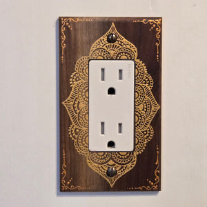 Hand Painted Walnut wood Switch / Cover / Wall plate for Paddle switch or decora outlet -Midsized. Gold henna inspired designs on solid wood