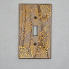 Load image into Gallery viewer, Hand Painted Cherry wood Switch / Cover / Wall plate for Toggle switch - Midsized. Gold  henna inspired designs on solid wood
