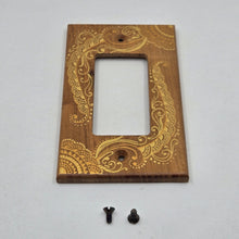Load image into Gallery viewer, Hand Painted Cherry wood Switch / Cover / Wall plate for Paddle switch or decora outlet -Midsized. Gold henna inspired designs on solid wood.

