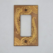 Load image into Gallery viewer, Hand Painted Cherry wood Switch / Cover / Wall plate for Paddle switch or decora outlet -Midsized. Gold henna inspired designs on solid wood.

