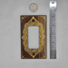 Load image into Gallery viewer, Hand Painted Walnut wood Switch / Cover / Wall plate for Paddle switch or decora outlet -Midsized. Gold henna inspired designs on solid wood
