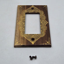 Load image into Gallery viewer, Hand Painted Walnut wood Switch / Cover / Wall plate for Paddle switch or decora outlet -Midsized. Gold henna inspired designs on solid wood
