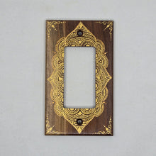 Load image into Gallery viewer, Hand Painted Walnut wood Switch / Cover / Wall plate for Paddle switch or decora outlet -Midsized. Gold henna inspired designs on solid wood
