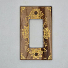 Load image into Gallery viewer, Hand Painted Cherry wood Switch / Cover / Wall plate for Paddle switch or decora outlet -Midsized. Gold henna inspired designs on solid wood
