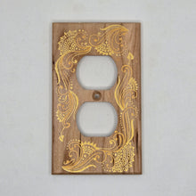 Load image into Gallery viewer, Hand Painted Cherry wood Wall Plate for Duplex outlet -Midsized. Gold henna inspired designs on solid wood
