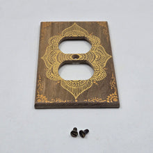 Load image into Gallery viewer, Hand Painted Walnut wood Wall plate for duplex outlet cover  -Midsized. Gold henna inspired designs on solid wood
