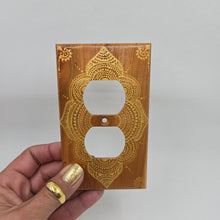 Load image into Gallery viewer, Hand Painted Cherry wood Wall plate for Duplex outlet- Midsized. With henna inspired designs on solid wood
