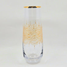 Load image into Gallery viewer, Hand Painted crystal champagne glasses - intricate henna inspired art in Gold.
