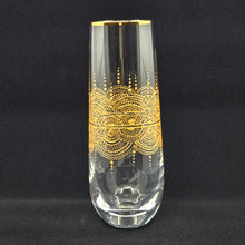 Load image into Gallery viewer, Hand Painted crystal champagne glasses - intricate henna inspired art in Gold.
