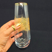 Load image into Gallery viewer, Hand Painted crystal champagne glasses - intricate henna inspired art in Gold.
