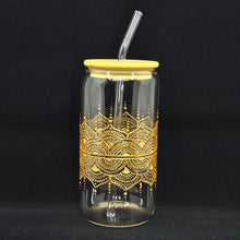 Load image into Gallery viewer, Hand painted glass tumbler with lid and straw- intricate henna inspired art in Gold.
