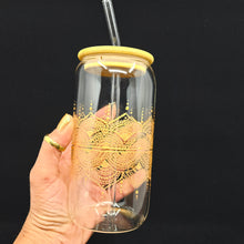 Load image into Gallery viewer, Hand painted glass tumbler with lid and straw- intricate henna inspired art in Gold.
