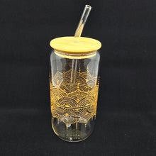 Load image into Gallery viewer, Hand painted glass tumbler with lid and straw- intricate henna inspired art in Gold.

