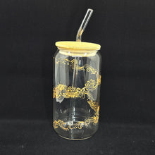 Load image into Gallery viewer, Hand painted glass tumbler with lid and straw- intricate henna inspired art in Gold.
