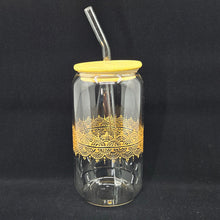 Load image into Gallery viewer, Hand painted glass tumbler with lid and straw- intricate henna inspired art in Gold.
