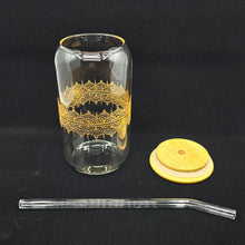 Load image into Gallery viewer, Hand painted glass tumbler with lid and straw- intricate henna inspired art in Gold.
