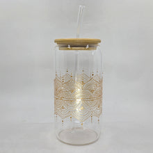 Load image into Gallery viewer, Hand painted glass tumbler with lid and straw- intricate henna inspired art in Gold.
