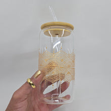 Load image into Gallery viewer, Hand painted glass tumbler with lid and straw- intricate henna inspired art in Gold.
