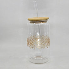Load image into Gallery viewer, Hand painted glass tumbler with lid and straw- intricate henna inspired art in Gold.
