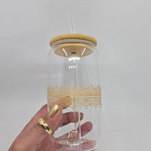 Load image into Gallery viewer, Hand painted glass tumbler with lid and straw- intricate henna inspired art in Gold.
