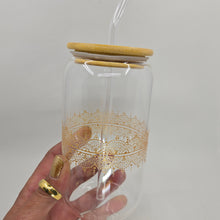 Load image into Gallery viewer, Hand painted glass tumbler with lid and straw- intricate henna inspired art in Gold.
