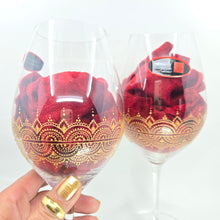 Load image into Gallery viewer, Hand Painted Riedel crystal wine glasses - intricate henna inspired art in Gold.
