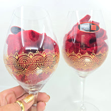 Load image into Gallery viewer, Hand Painted Riedel crystal wine glasses - intricate henna inspired art in Gold.
