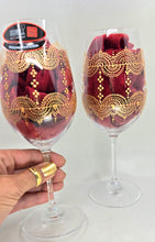 Load image into Gallery viewer, Hand Painted Riedel crystal wine glasses - intricate henna inspired art in Gold.
