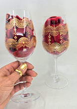 Load image into Gallery viewer, Hand Painted Riedel crystal wine glasses - intricate henna inspired art in Gold.
