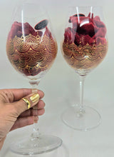 Load image into Gallery viewer, Hand Painted Riedel crystal wine glasses - intricate henna inspired art in Gold.
