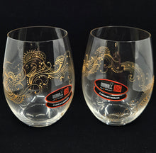 Load image into Gallery viewer, Hand Painted Riedel crystal wine glasses - intricate henna inspired art in Gold.
