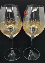 Load image into Gallery viewer, Hand Painted Riedel crystal wine glasses - intricate henna inspired art in Gold.
