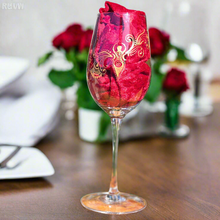 Load image into Gallery viewer, Hand Painted Sacred Goddess Chalice Wine Glass . Goddess figure with moon cycles and intricate gold &#39;henna inspired&#39; designs.
