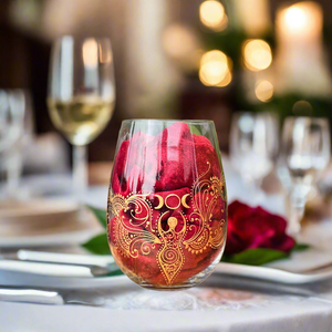 Hand Painted Sacred Goddess Chalice Goblet Wine Glass . Goddess figure with moon cycles and intricate gold (henna style) designs- Stemless