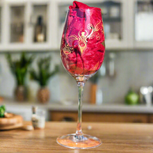 Load image into Gallery viewer, Hand Painted Sacred Goddess Chalice Wine Glass . Goddess figure with moon cycles and intricate gold &#39;henna inspired&#39; designs.
