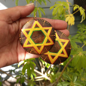 Rasta-  Star of David 'red gold and green' -hand painted wood earrings