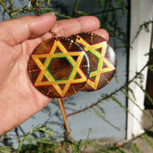 Load image into Gallery viewer, Rasta-  Star of David &#39;red gold and green&#39; -hand painted wood earrings

