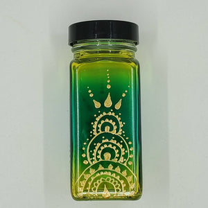 Hand Stained-Painted glass jar -green fading to yellow (ombre) with intricate gold (henna style) designs -spice jar