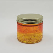 Load image into Gallery viewer, Hand Stained-Painted glass jar - orange fading to yellow (ombre) with intricate gold (henna style) designs.
