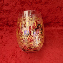 Load image into Gallery viewer, Hand Painted Sacred Goddess Chalice Goblet Wine Glass . Goddess figure with moon cycles and intricate gold (henna style) designs
